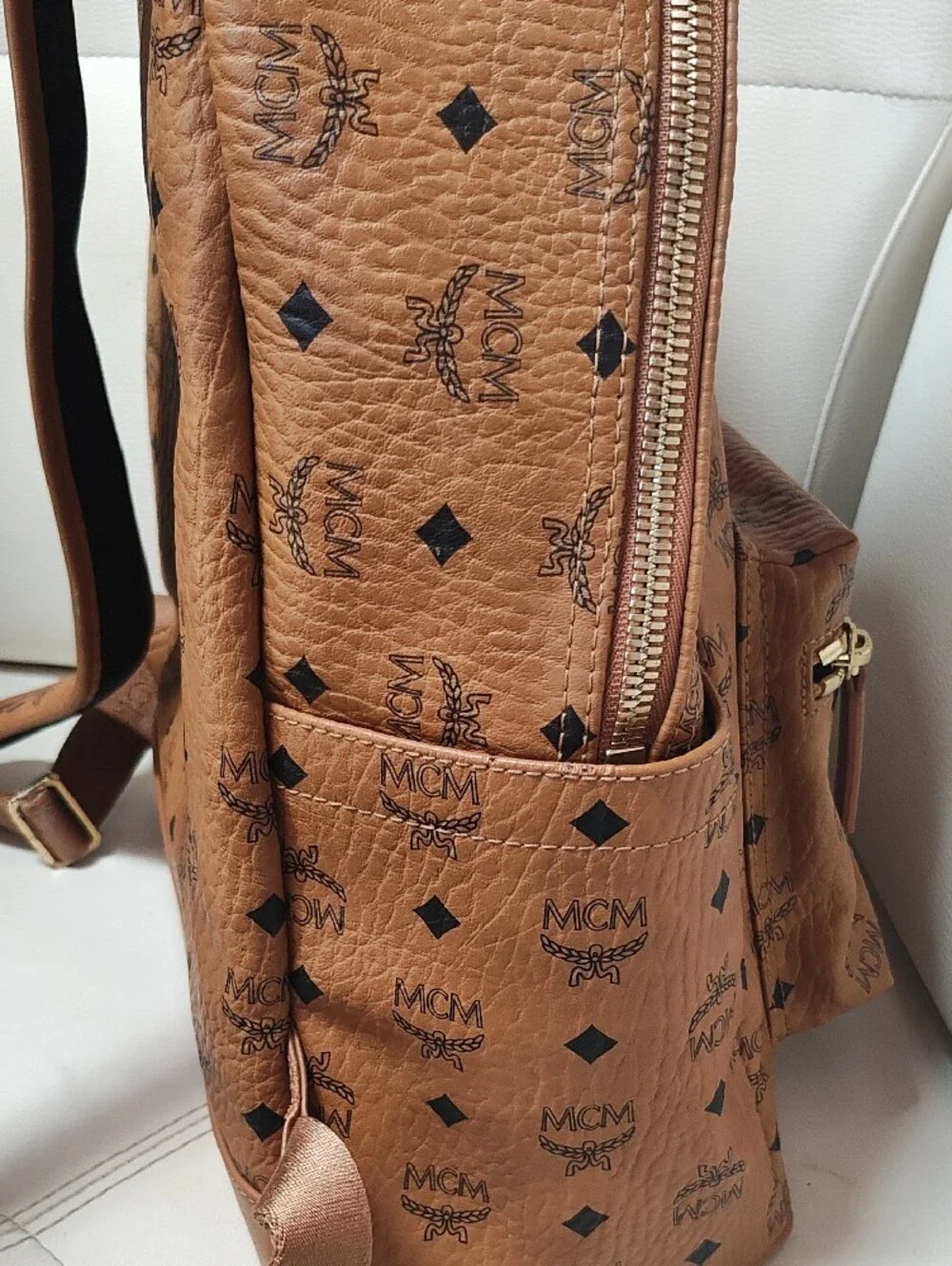 MCM Cognac Logo Print Leather Backpack with Gold Plate